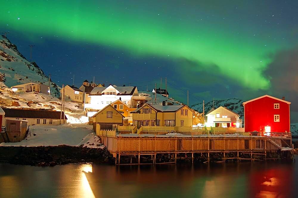 Snowy landscape, small harbour, northern lights, aurora borealis, mountains, Nyksund, Vesteralen, Norway, Europe