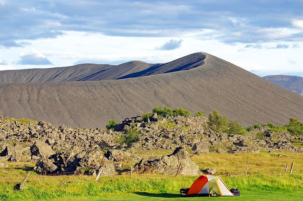 Tent in front of volcanic cone and lava, barren landscape, Vogar, Hverfjall, Myvatn, Iceland, Europe