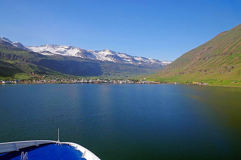 Bow of a ship approaching a place, Iceland ferry, Seydisfjoerdur, Iceland, Europe