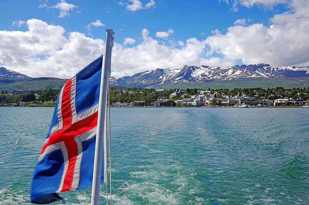 Icelandic flag, city, fjord and mountains, Eyjafjoerour, Akureyri, Northern Iceland, Scandinavia, Iceland, Europe