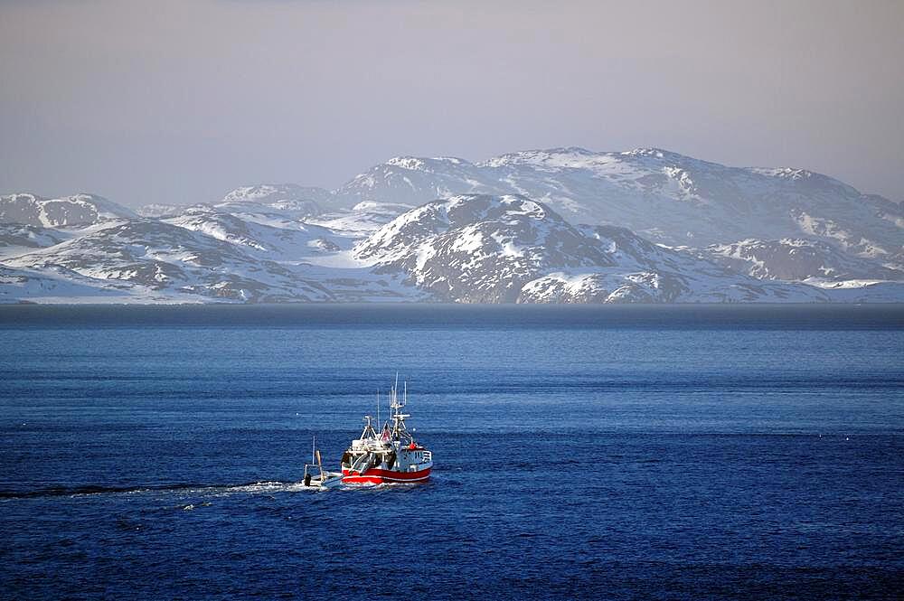 Fishing boat in front of snow-capped mountains, fjord, Nuuk, capital, Greenland, Denmark, North America