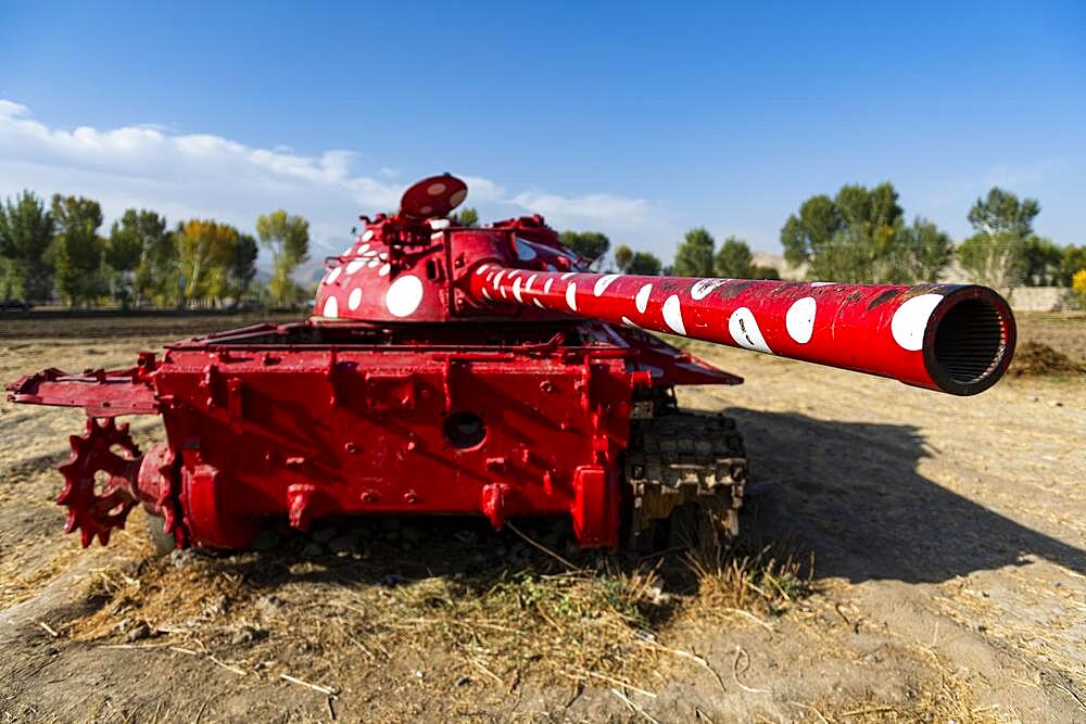 Old soviet tank coloured in funky colours, Bamyan, Afghanistan, Asia