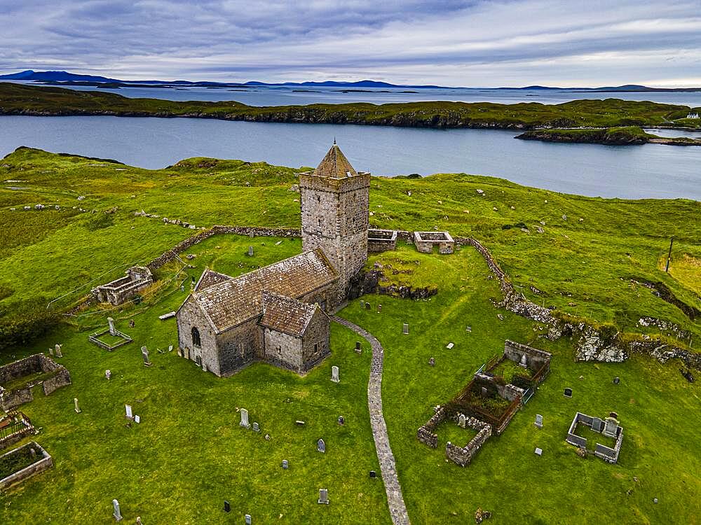 Aerial of St Clements Church, Rodel, Isle of Harris, Outer Hebrides, Scotland, UK