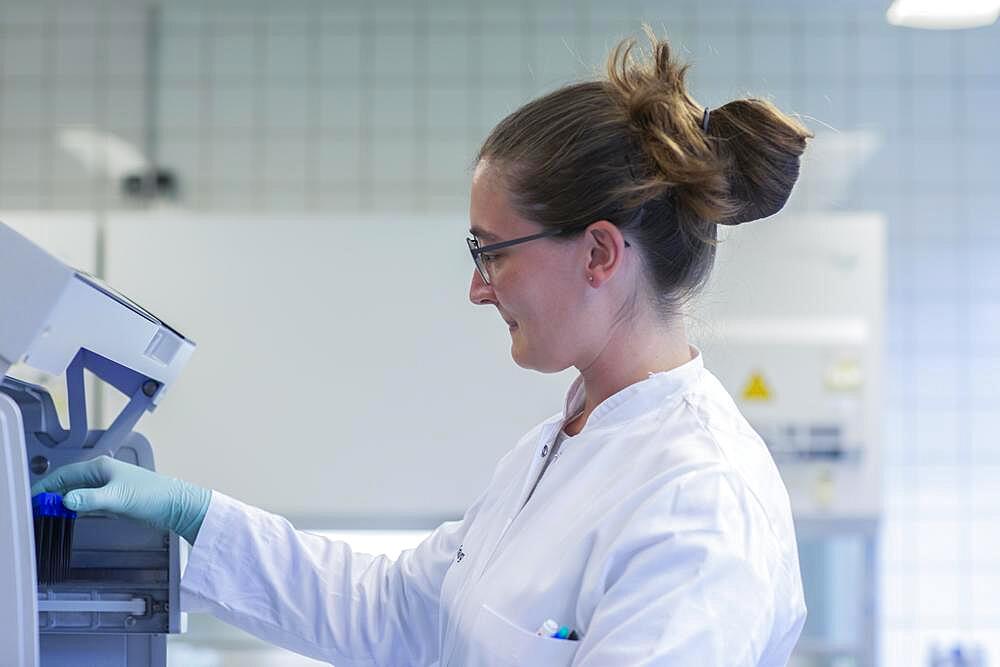 Young lab technician with lab glove and sample working in a lab with lab equipment, Freiburg, Baden-Wuerttemberg, Germany, Europe