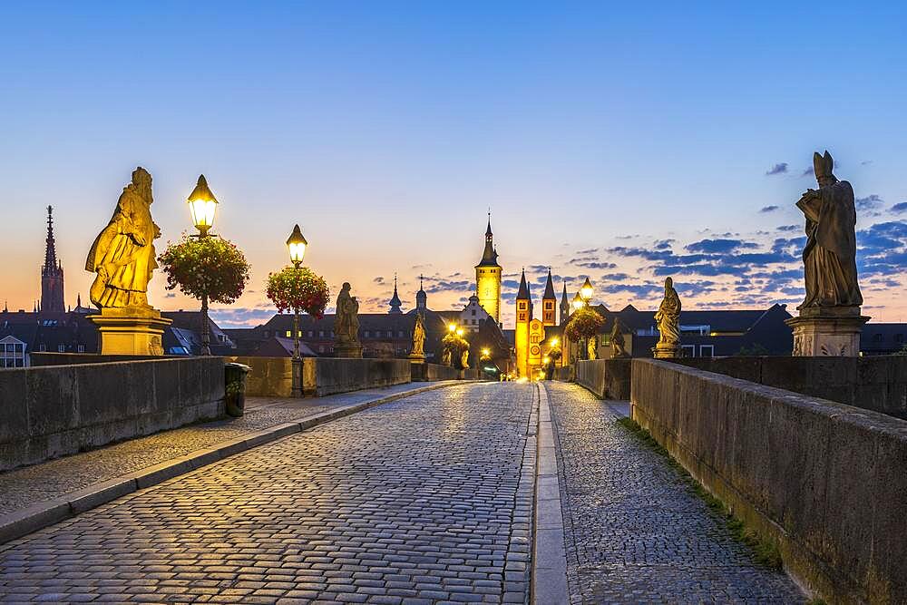 Old bridge over the river Main at dawn, city center with cathedral St. Kilian, Marienkapelle, river Main, Wuerzburg, Franconia, Bavaria, Germany, Europe