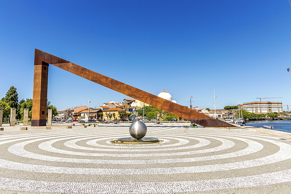 Square with modern art and historic Socorro Chapel in the background, Vila do Conde, Porto district, Portugal, Europe