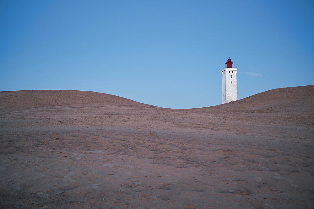 Dunes and lighthouse, blue hour, Rubjerg Knude, between Lonstrup and Lokken, Hjorring Municipality Denmark