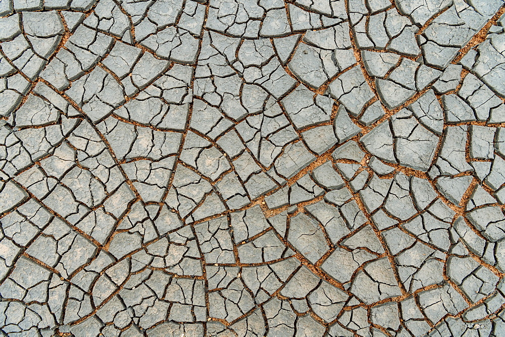 Cracks in the clay soil form mosaic-like structure, geothermal field, Namafjall, Myvatn, Krafla volcanic system, Northern Iceland, Iceland, Europe