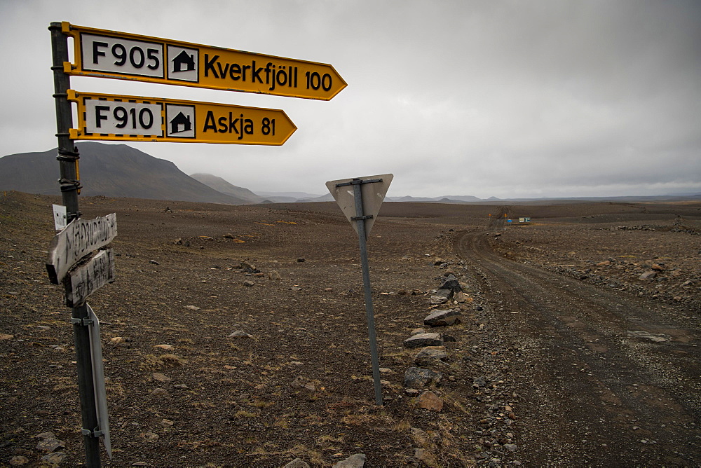 Unpaved highland road signpost Kverkfjoell Askja, Icelandic highlands, near Moeorudalur, Iceland, Europe