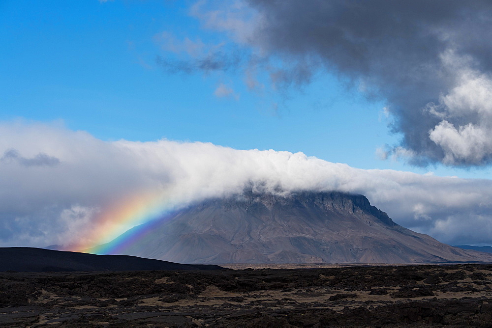 Rainbow and clouds at the table volcano Heroubreio or Herdubreid, Icelandic Highlands, Iceland, Europe