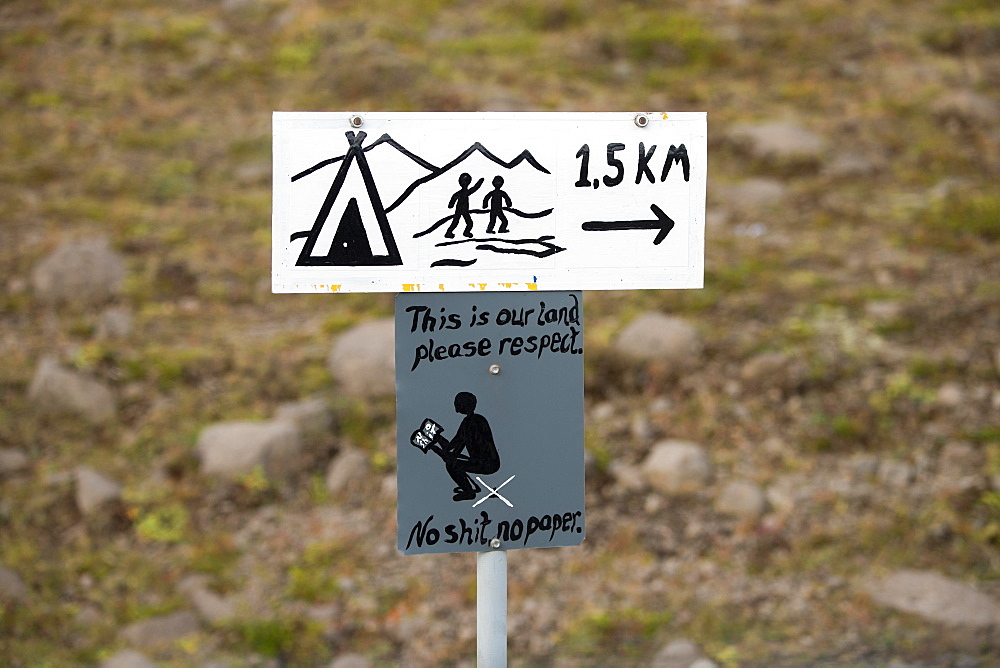 Hand-painted signs Camping and This is our land, please respect it, No urination, East Iceland, Iceland, Europe