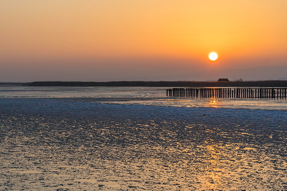 Winter sunset, last patches of ice, Lake Neusiedl, Breitenbrunn, Burgenland, Austria, Europe