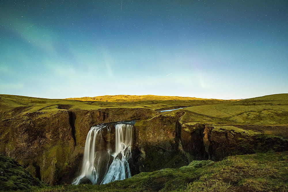 Faint Northern Lights (Aurora Borealis), Fagrifoss Waterfall, Geirlandsa River, Lakagigar Region, Vatnajoekull National Park, Highlands, Iceland, Europe