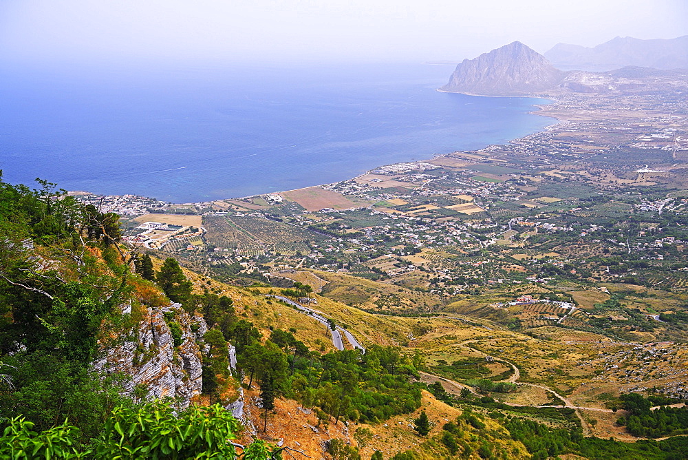 View from the mountain village of Erice to Trapani, Sicily, Italy, Europe