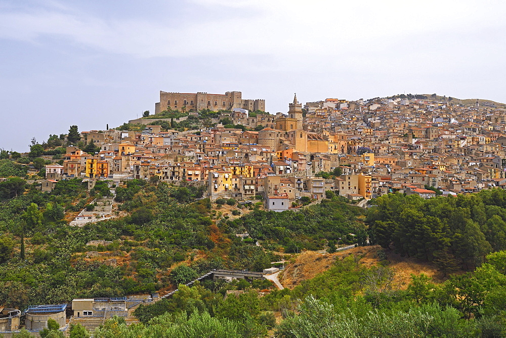 View of the mountain village of Caccamo, Sicily, Italy, Europe