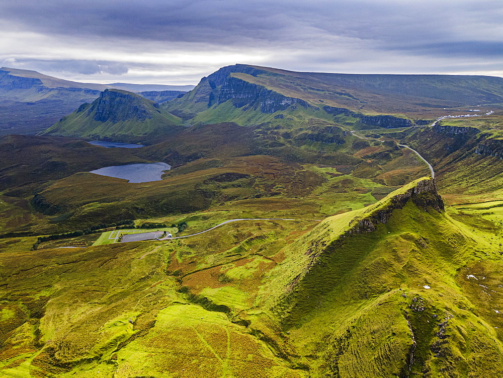 Aerial of the rugged mountain landscape of the Quiraing, Isle of Skye, Scotland, UK