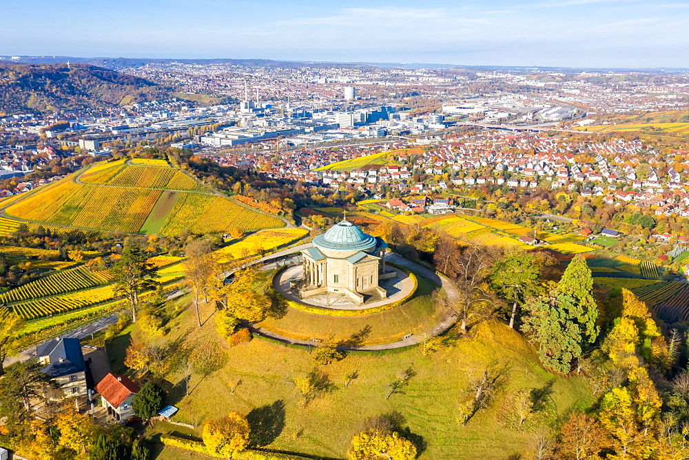 Grave chapel on the Wuerttemberg Rotenberg vineyards aerial view in autumn city trip in Stuttgart, Germany, Europe