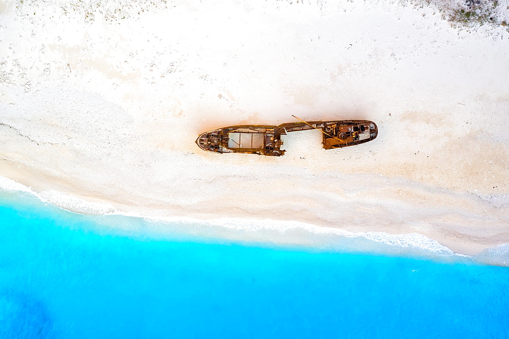 Beach shipwreck Navagio Beach drone shot bird's eye view in Zakynthos, Greece, Europe