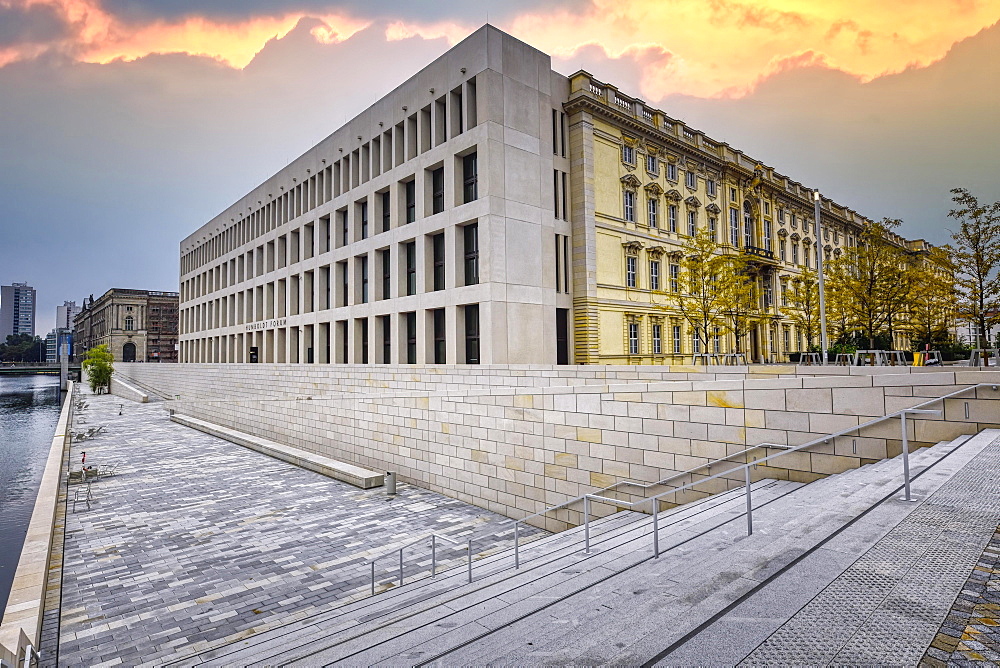 River promenade and Spree terraces at the new Berlin Palace or Humboldt Forum, Unter den Linden, Berlin, Germany, Europe