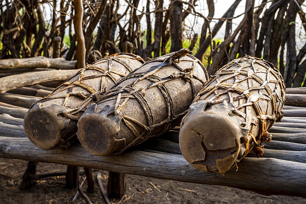 Local drums of the Otuho or Lutoko tribe in a village in the Imatong mountains, Eastern Equatoria, South Sudan, Africa