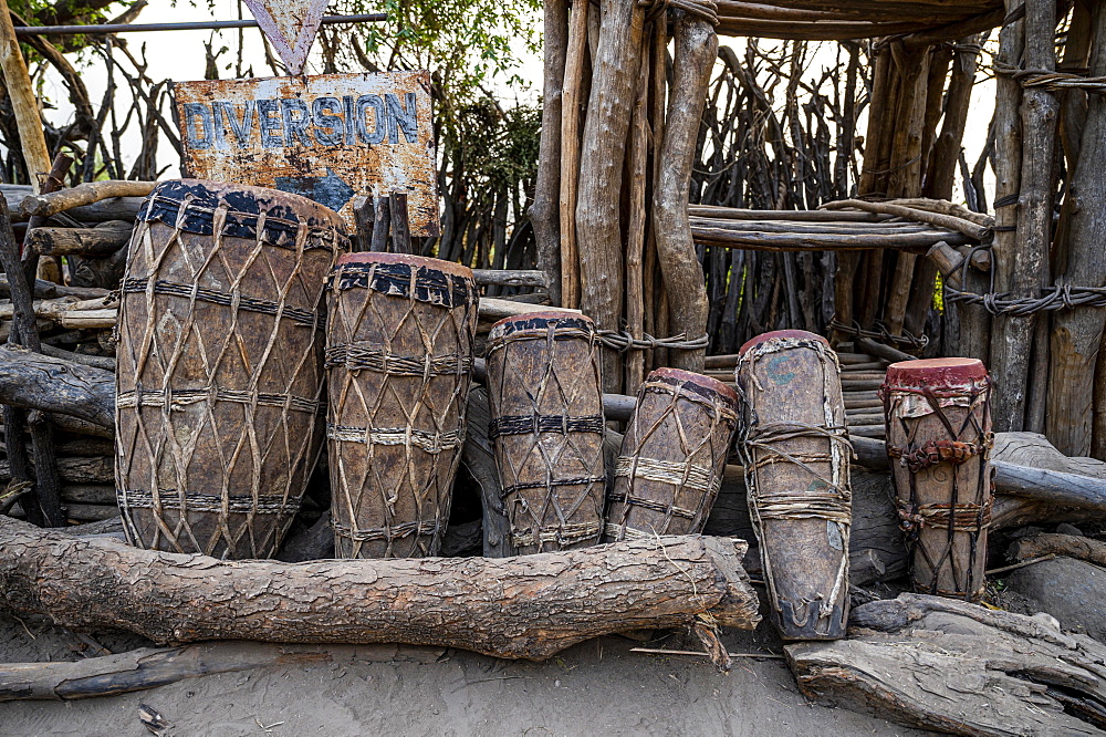 Local drums of the Otuho or Lutoko tribe in a village in the Imatong mountains, Eastern Equatoria, South Sudan, Africa