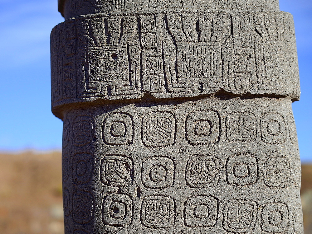 Detail of pattern on the Ponce Monolith, pre-Inca ruins of Tiwanaku, also Tiahuanaco, Unesco World Heritage Site, Department of La Paz, Bolivia, South America