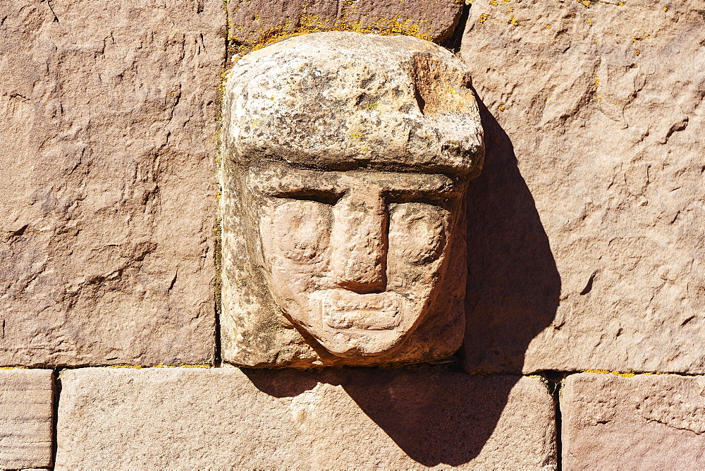 Head relief in the Sunken Courtyard, ruins of Tiwanaku, also Tiahuanaco, Unesco World Heritage Site, La Paz Department, Bolivia, South America