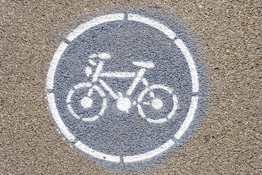 Asphalt with pictogram cyclist, cycle path, Bavaria, Germany, Europe