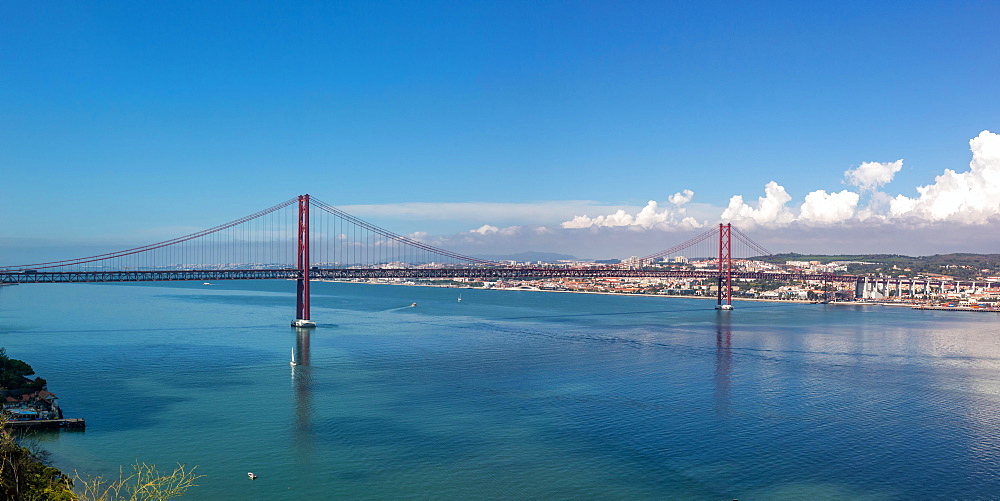 Lisbon Bridge Ponte 25 de Abril over River Tagus Panorama Travel Travel City in Lisbon, Portugal, Europe