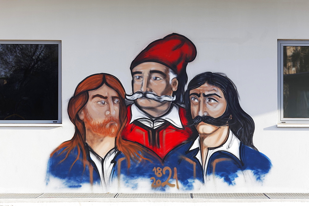 Three bearded freedom fighters, modern mural commemorating the Greek freedom fight of 1821, Areopolis, Mani Peninsula, Laconia, Peloponnese, Greece, Europe