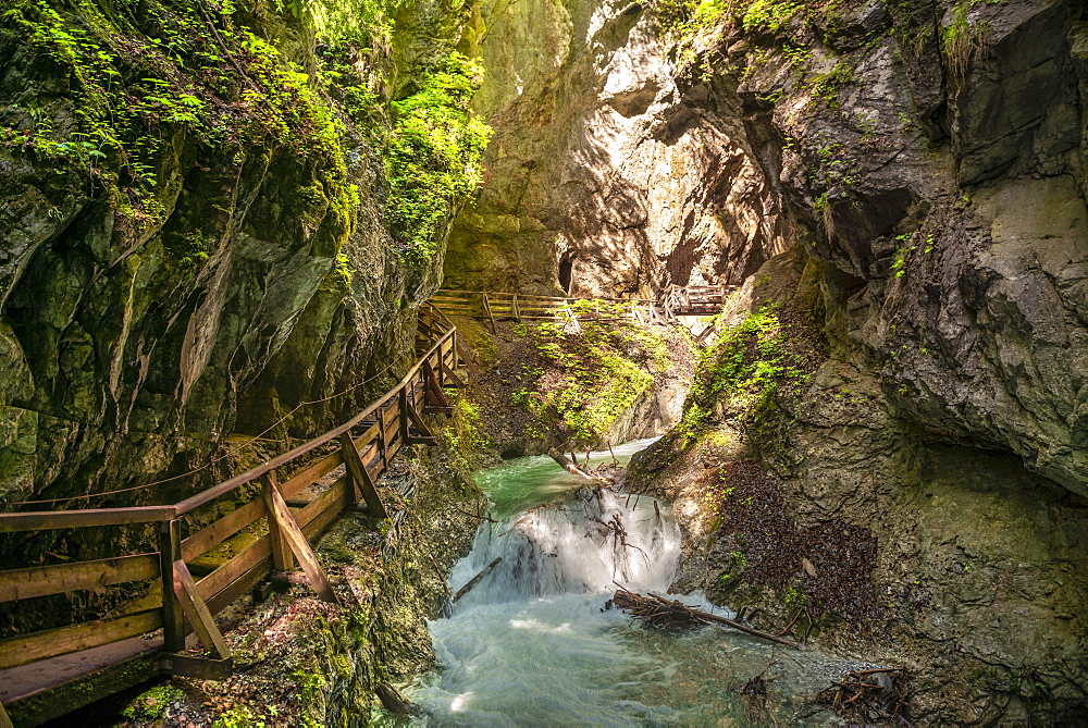 Path along a rock face, mountain stream flowing through a narrow gorge, gorge with river, Wolfsklamm, Stans, Tyrol, Austria, Europe