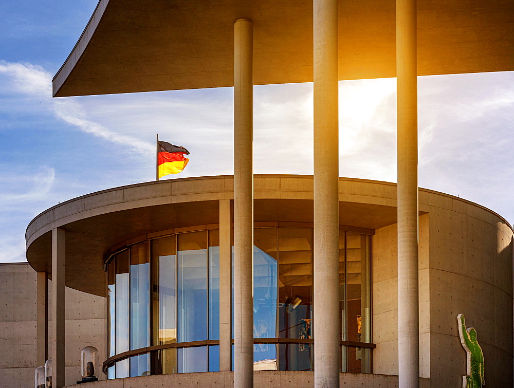 German flag in the sunlight at the Elisabeth Lueders House in the government district, Berlin, Germany, Europe