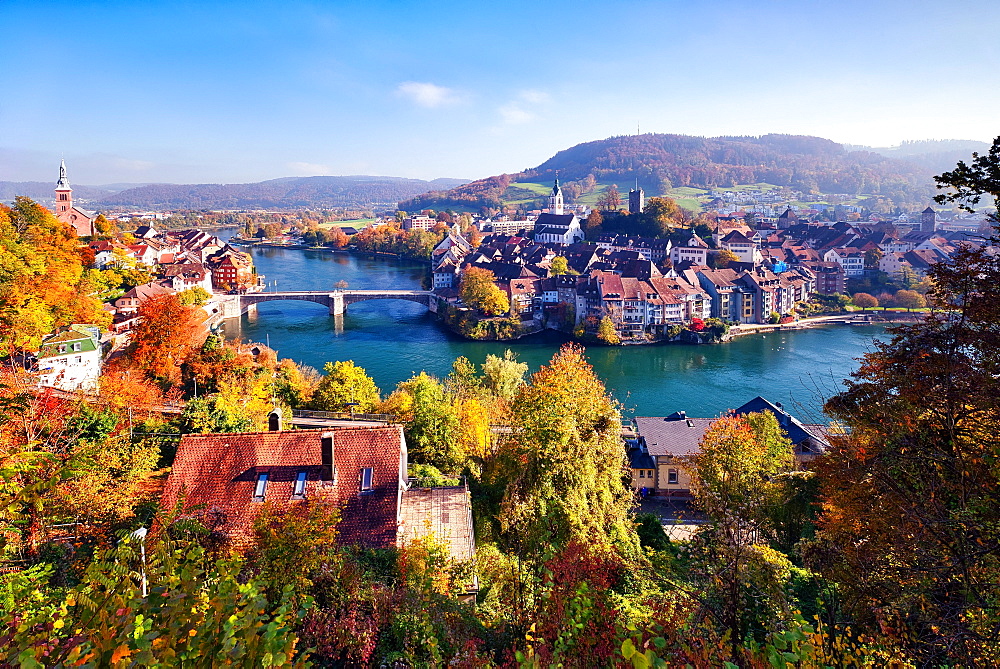 View of Laufenburg in autumn, view of the old town and the Rhine River, country border between Switzerland and Germany, Canton of Aargau, Federal State of Baden-Wuerttemberg