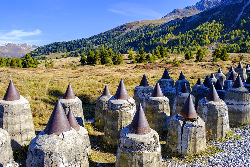 Weir, armoured barrier, dragon's teeth, alpine rampart, Plamort plateau, Reschen, Vinschgau, South Tyrol, Italy, Europe