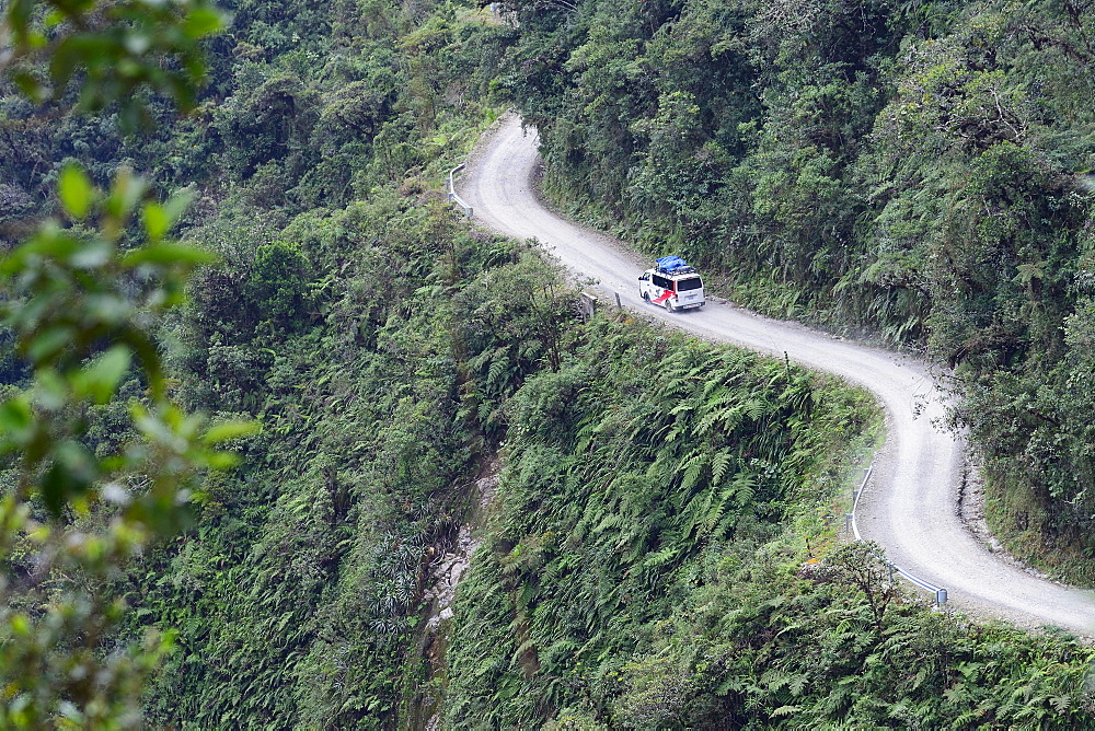 Minibus on the Death Road, Camino de la Muerte, La Paz Department, Bolivia, South America