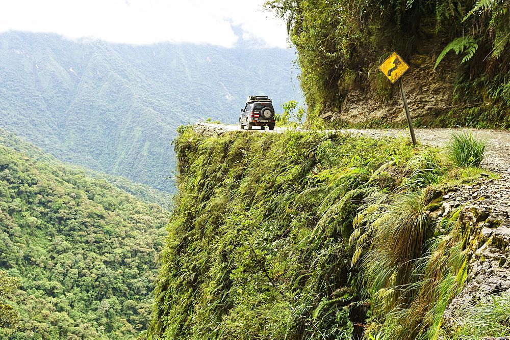 Off-road vehicle, Toyota Land Cruiser, on the road of death, Camino de la Muerte, La Paz department, Bolivia, South America