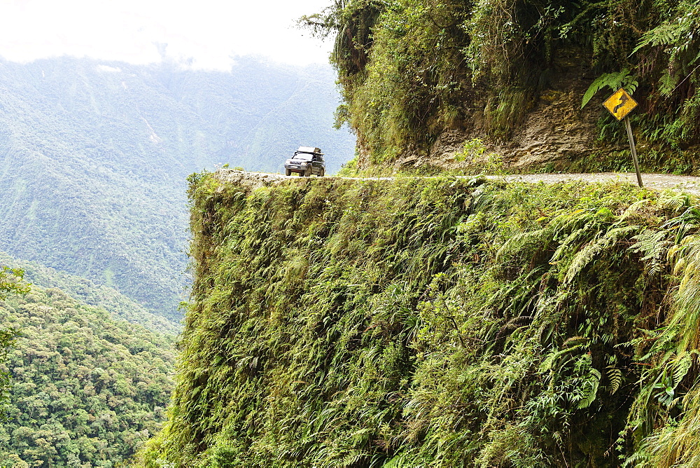 Off-road vehicle, Toyota Land Cruiser, on the road of death, Camino de la Muerte, La Paz department, Bolivia, South America