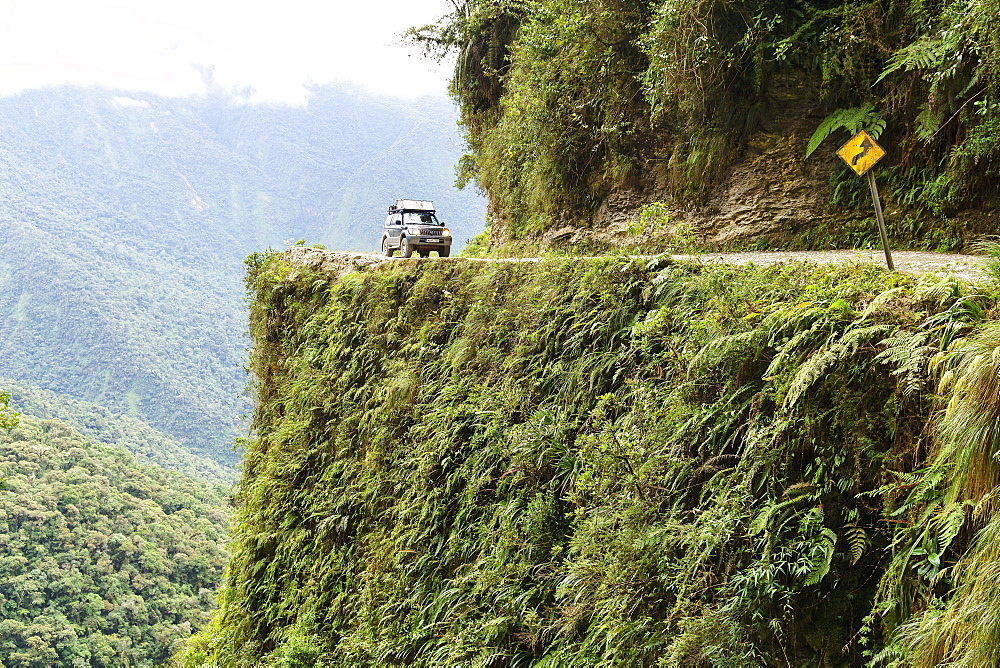 Off-road vehicle, Toyota Land Cruiser, on the road of death, Camino de la Muerte, La Paz department, Bolivia, South America