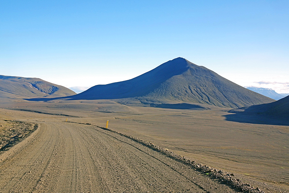 Rough track and barren mountains, lunar landscape, Moedrudalur, East Iceland, Iceland, Europe