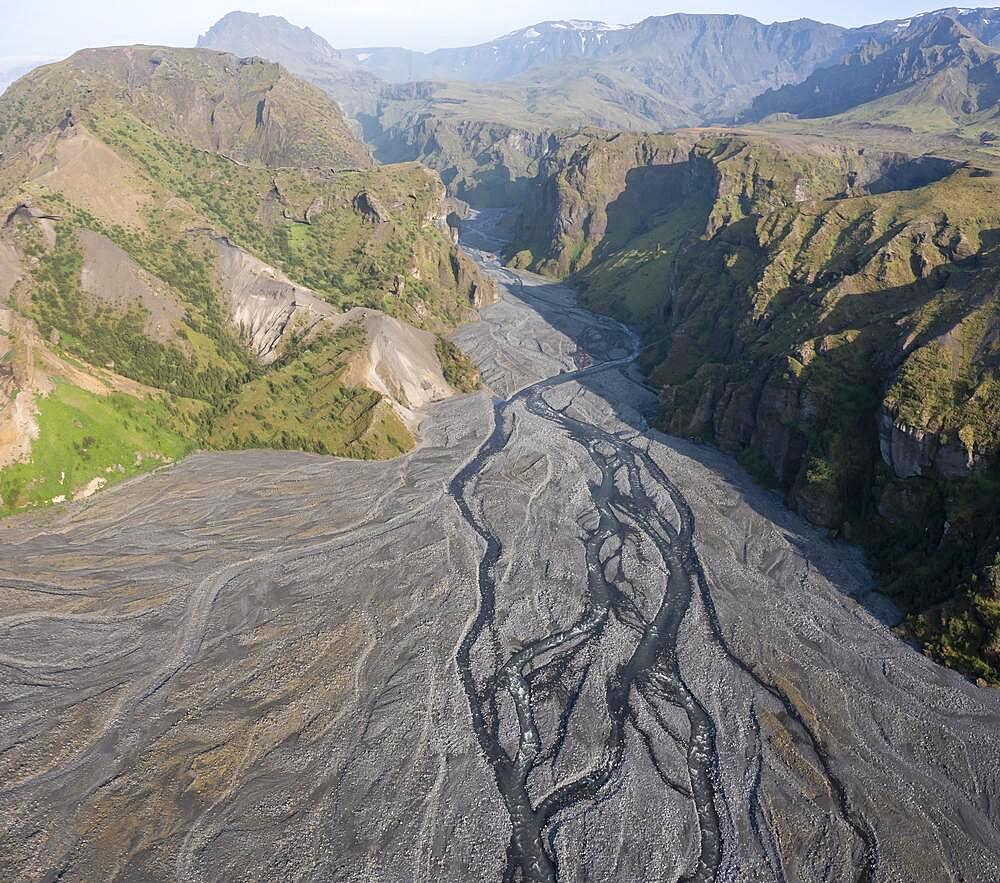 Aerial view, panorama, gorge, mountains and glacier river in a mountain valley, wild nature, Icelandic Highlands, Porsmoerk, Suourland, Iceland, Europe