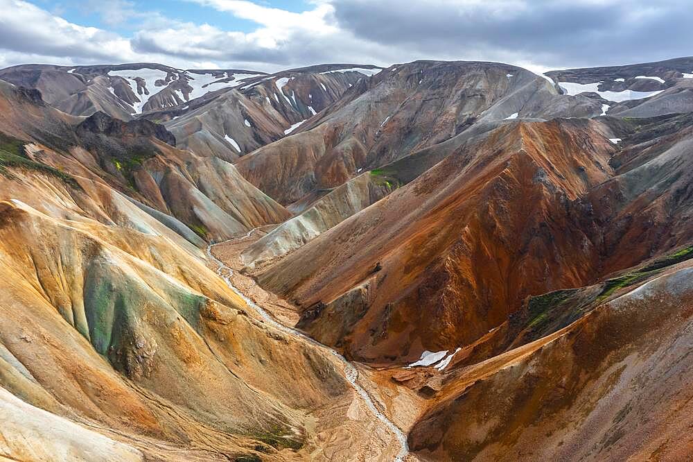 Aerial view, Landscape panorama, Dramatic volcanic landscape, Colourful erosion landscape with mountains, Lava field, Landmannalaugar, Fjallabak Nature Reserve, Suourland, Iceland, Europe