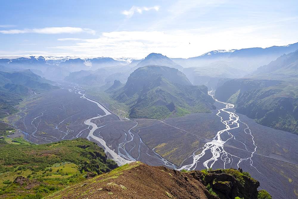 Panorama, mountains and glacier river in a mountain valley, wild nature, Myrdalsjoekull glacier in the back, Icelandic Highlands, Porsmoerk, Suourland, Iceland, Europe