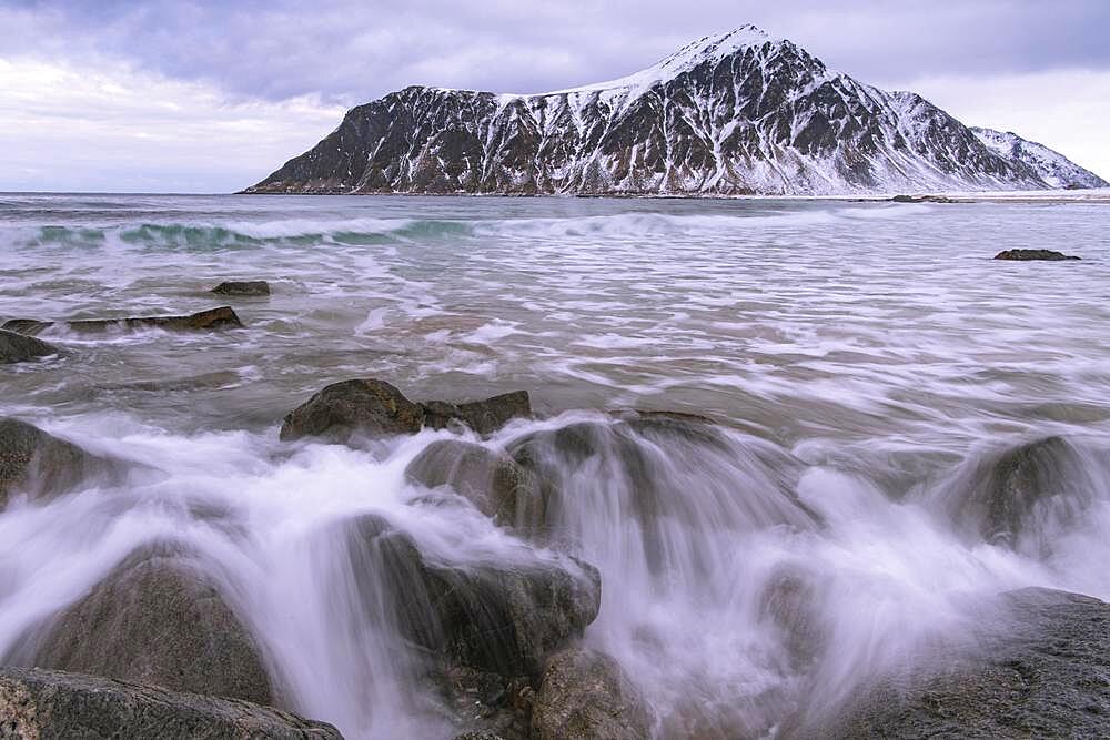 Winter Scandinavian landscape, sea, mountains, snow, Flakstad, Nordland, Lofoten, Norway, Europe