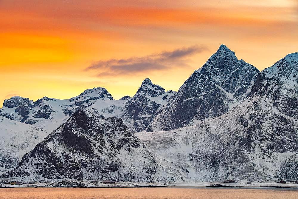 Evening glow in wintry Scandinavian landscape, mountains, snow, Ramberg, Nordland, Lofoten, Norway, Europe