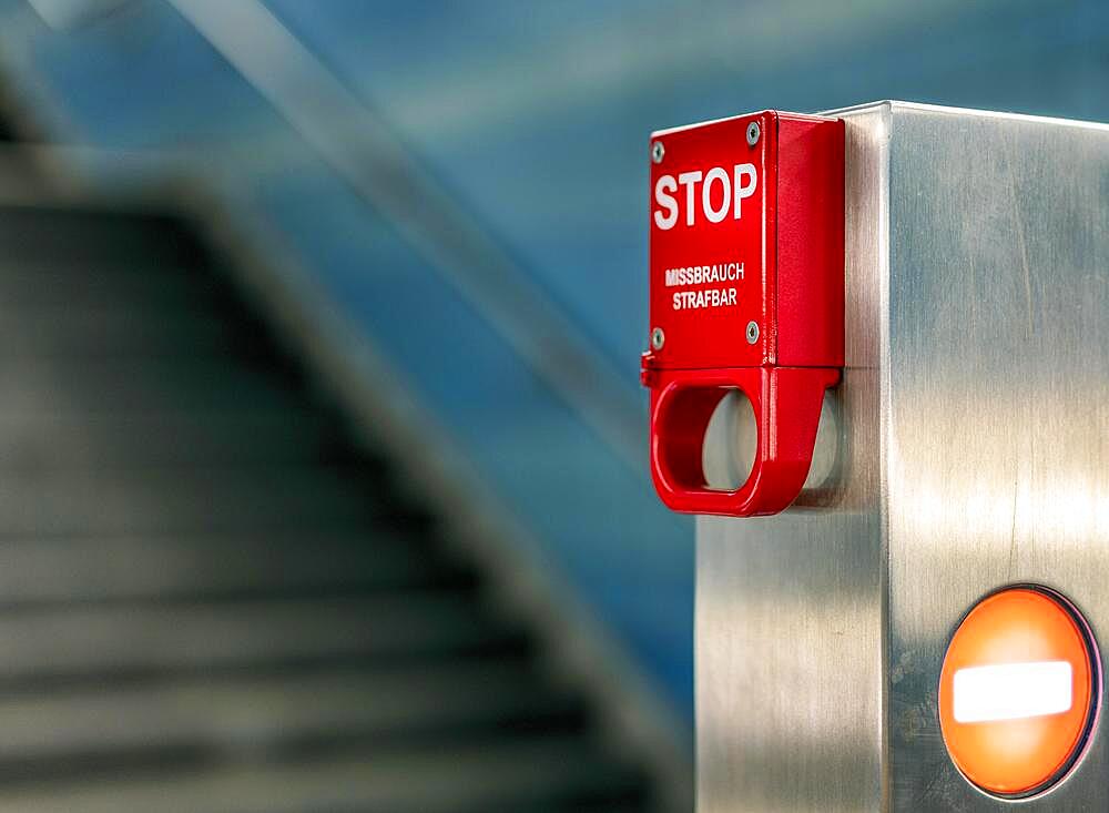 Emergency switch to stop the escalator at Potsdamer Platz station, Berlin, Germany, Europe