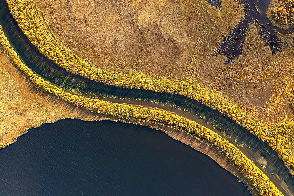 River landscape from the air, close-up, course of the Visttasjohka river, Nikkaluokta, Lapland, Sweden, Europe