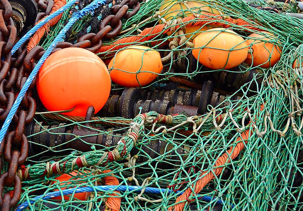 Fishing nets, buoys and chains, Baltic Sea, Germany, Europe