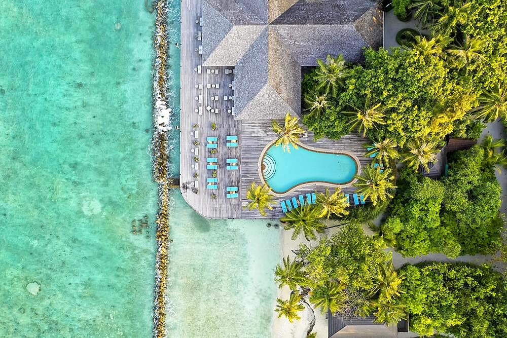 Aerial view, Kuredu with water bungalows and beaches, Laviyani Atoll, Maldives, Indian Ocean, Asia