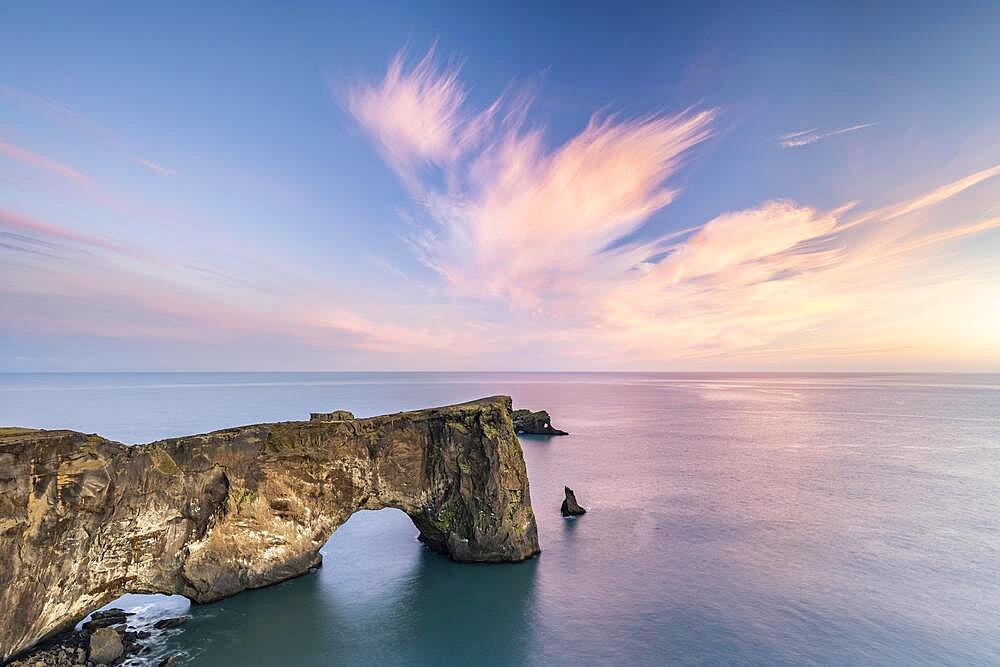 Rock arch Dyrholaey, Evening mood, Cape Dyrholaey, Vik i Myrdal, Suourland, South Iceland, Iceland, Europe