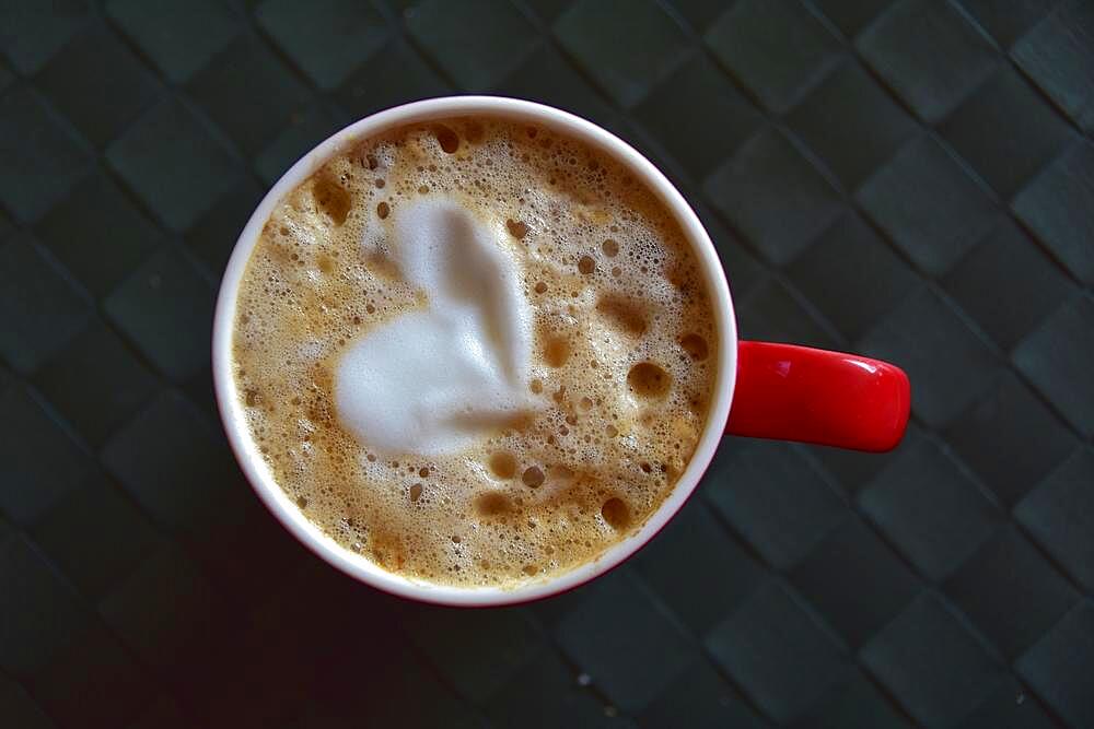 Heart symbol in the foam of a red coffee cup, red coffee cup with foam heart, heart shape, symbol of love, sign of love, love symbol, proof of love, heart symbol, organ heart, kindness, affection, inflamed, in love, crush, colour red, heart emoji, Spain, Europe